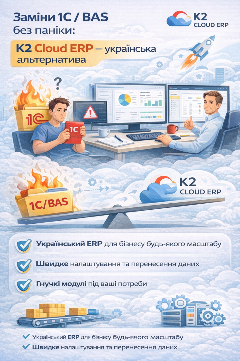 Заміни 1С/BAS без паніки — спробуйте K2 ERP безкоштовно в хмарі: Заміни 1С/BAS без паніки