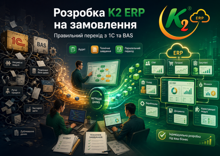 Розробка K2 ERP на замовлення: правильний перехід з 1С та BAS для складного бізнесу